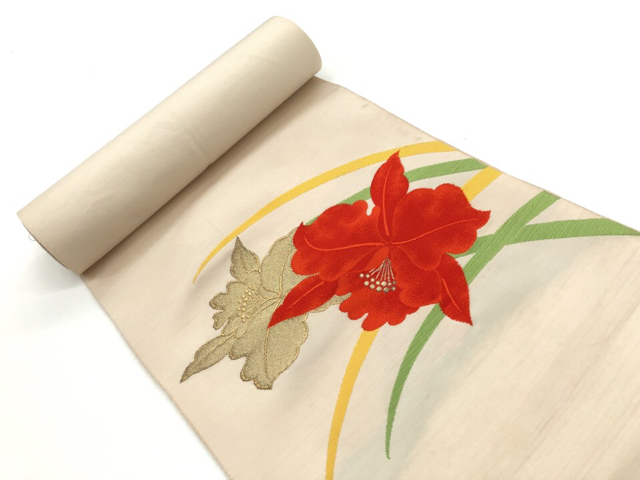 JAPANESE KIMONO / ANTIQUE BOLT FOR NAGOYA OBI / WOVEN CATTLEYA